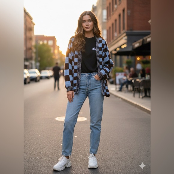 Forever 21 Sweaters - New Forever 21 Cardigan Blue Brown Oversized Checkered Plaid Open Front Size S